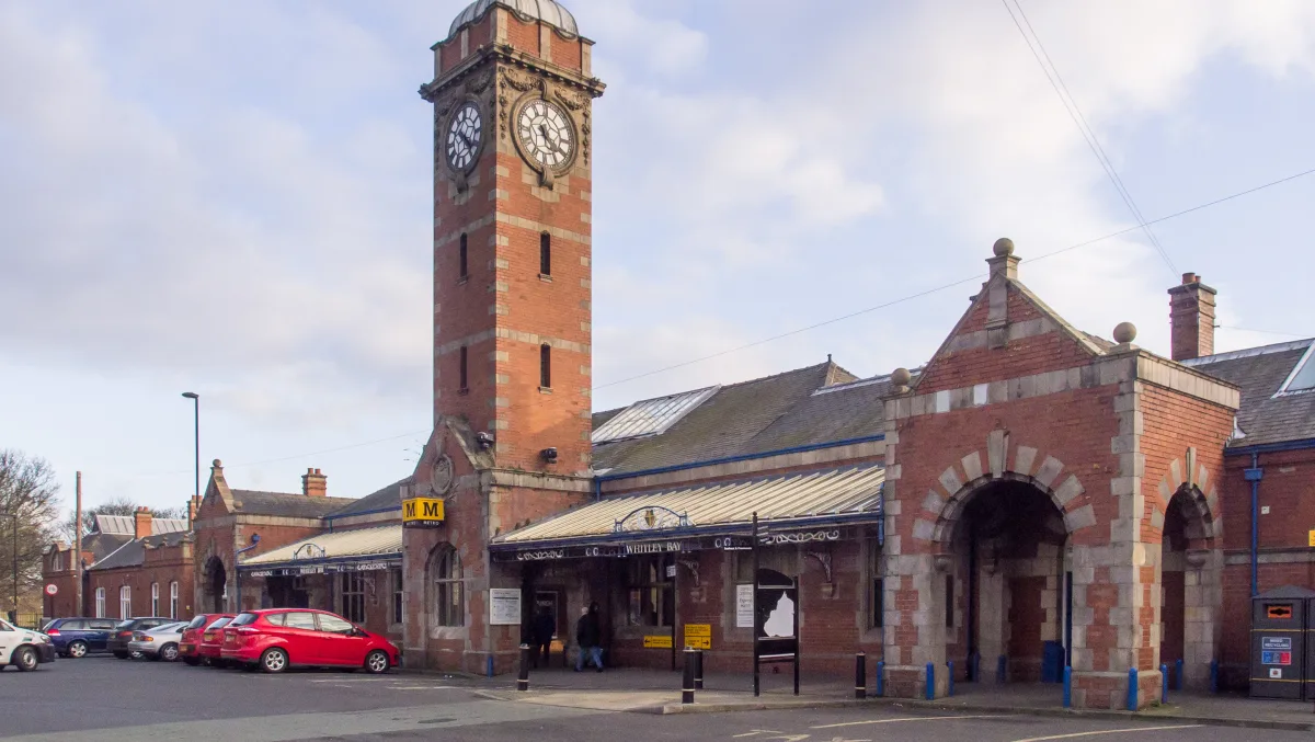 A Metro train at Whitley Bay station, under the 1910 station's roof